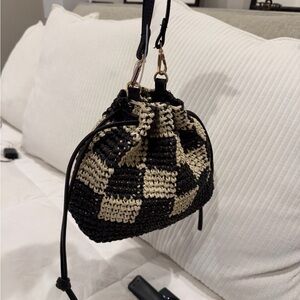 Universal Thread Black and Cream Checkered Drawstring Mini Bucket Bag
